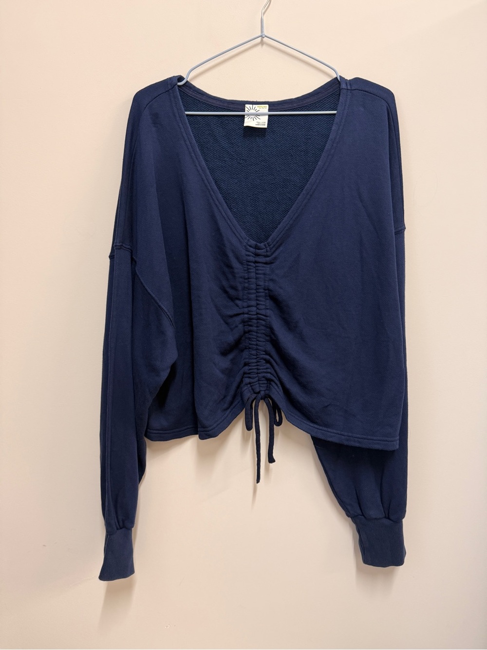 aerie Navy Ruched V-Neck Long Sleeve Top